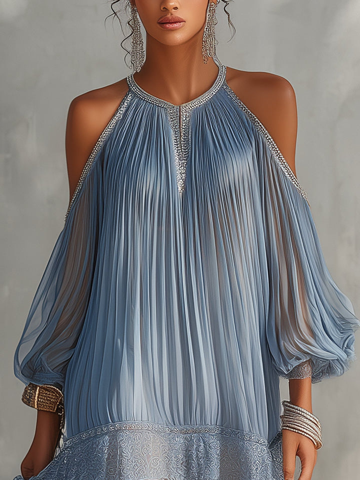 Vestido Mini Arrugado Azul con Hombros Descubiertos y Dobladillo de Encaje