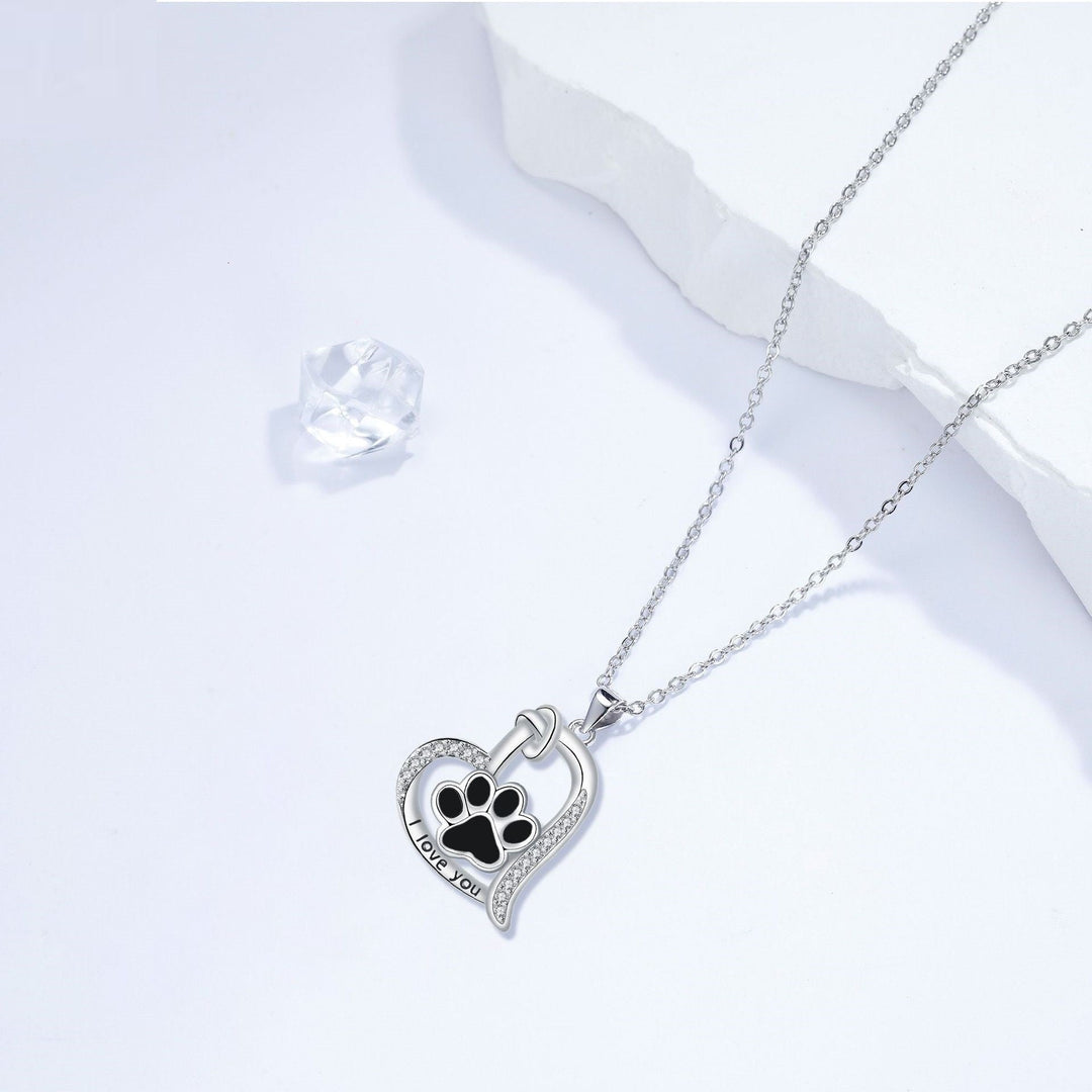 Collar con Colgante de Huella de Perro en Forma de Corazón con Zirconia
