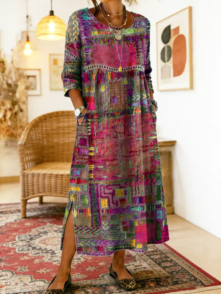 Manuela | Vestido Impreso con Patchwork Étnico
