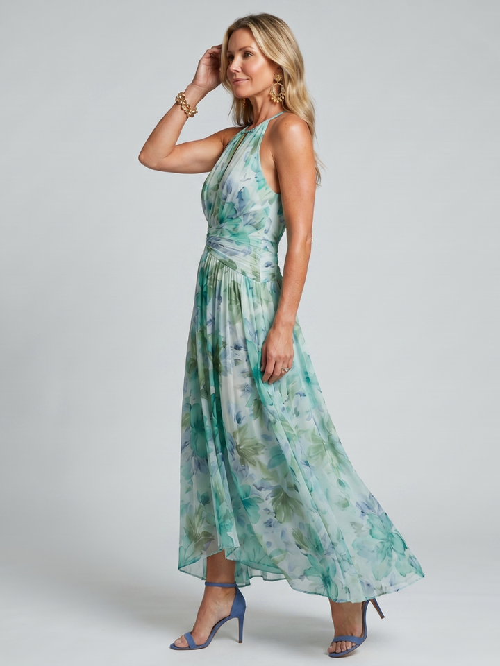Portia | Vestido Midi de Flores Suaves con Cuello Halter Plisado