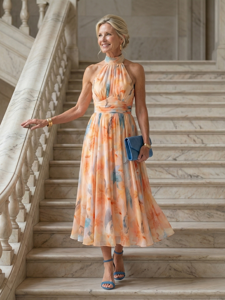 Esther | Vestido de Cuello Halter con Estampado de Acuarela