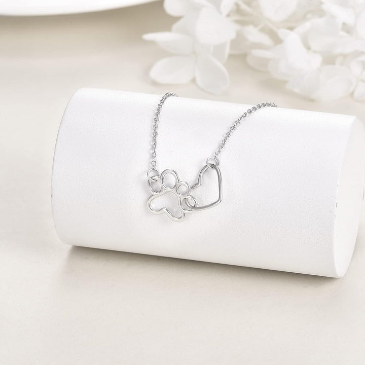 Collar de Plata Esterlina con Huella de Patas – Colgante de Cristal en Forma de Corazón