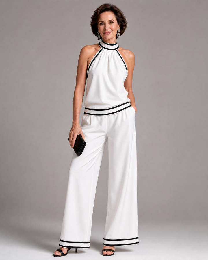 Graciela | Mono de pierna ancha con cuello halter y detalles en contraste