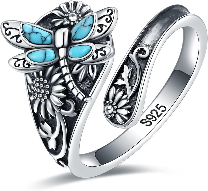Anillo de Cuchara de Plata Esterlina con Turquesa – Anillo Boho Vintage con Libélula