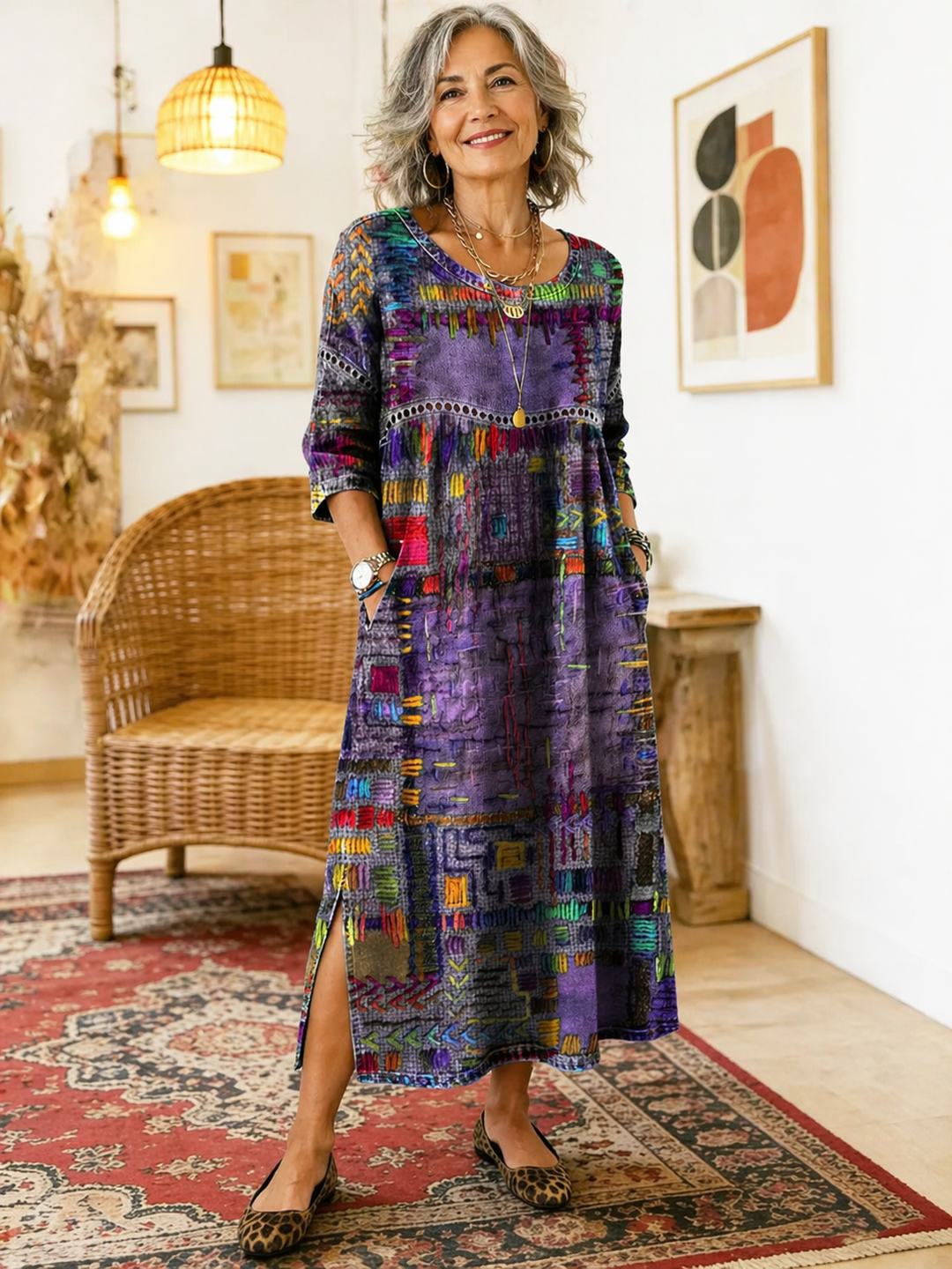Manuela | Vestido Impreso con Patchwork Étnico
