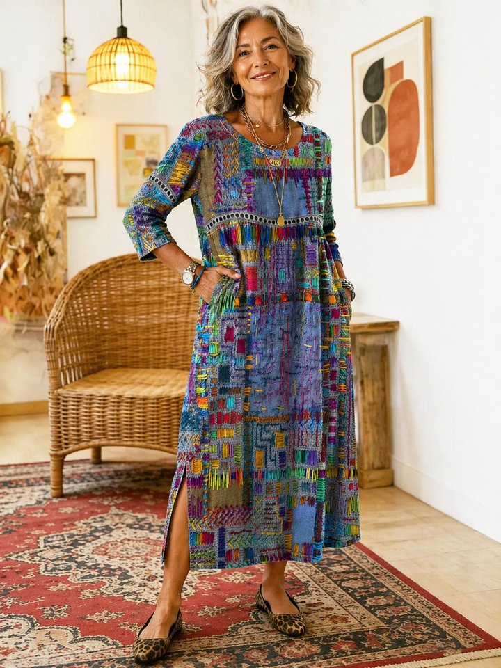 Manuela | Vestido Impreso con Patchwork Étnico
