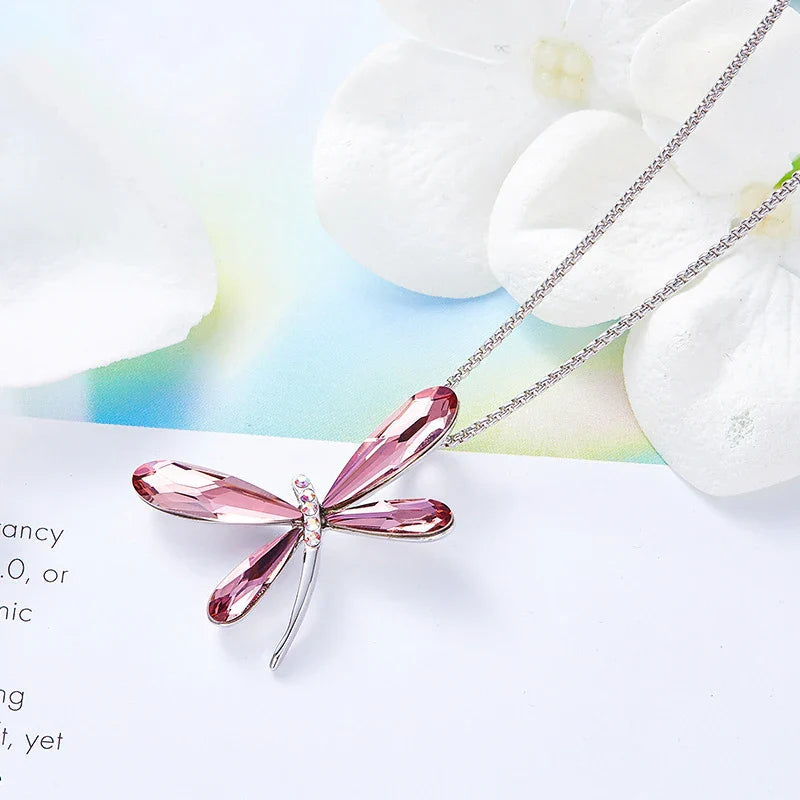 Collar de Colgante de Cristal de Libélula Rosa
