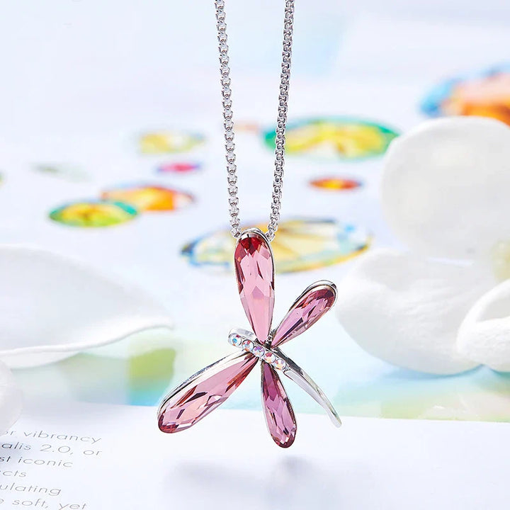 Collar de Colgante de Cristal de Libélula Rosa