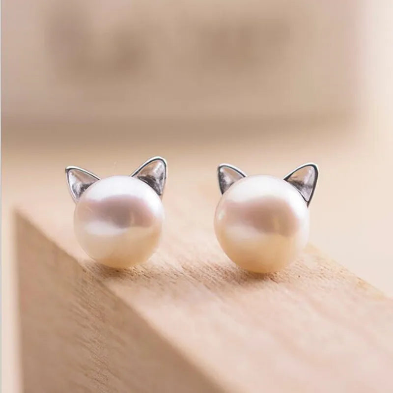 Pendientes de Perla de Gato de Plata de Ley