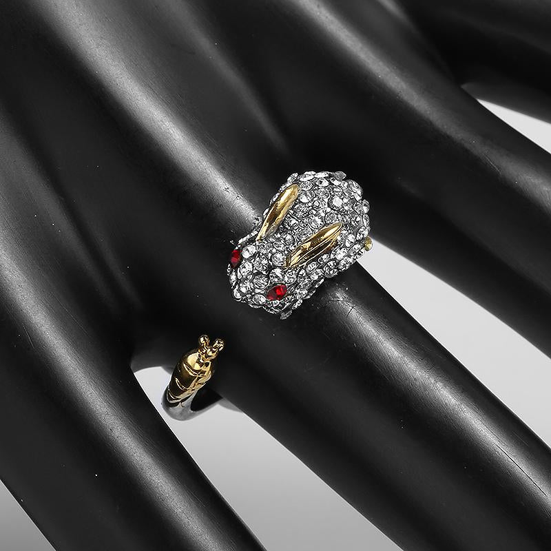 Anillo de Cristal de Conejo y Zanahoria Ajustable Único en Plata