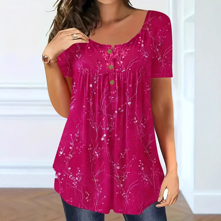 <font dir="auto" style="vertical-align: inherit;"><font dir="auto" style="vertical-align: inherit;">Top con estampado de flores en estilo europeo y americano de 2025, con botones y pliegues, para el verano, tallas grandes, mangas cortas.</font></font>