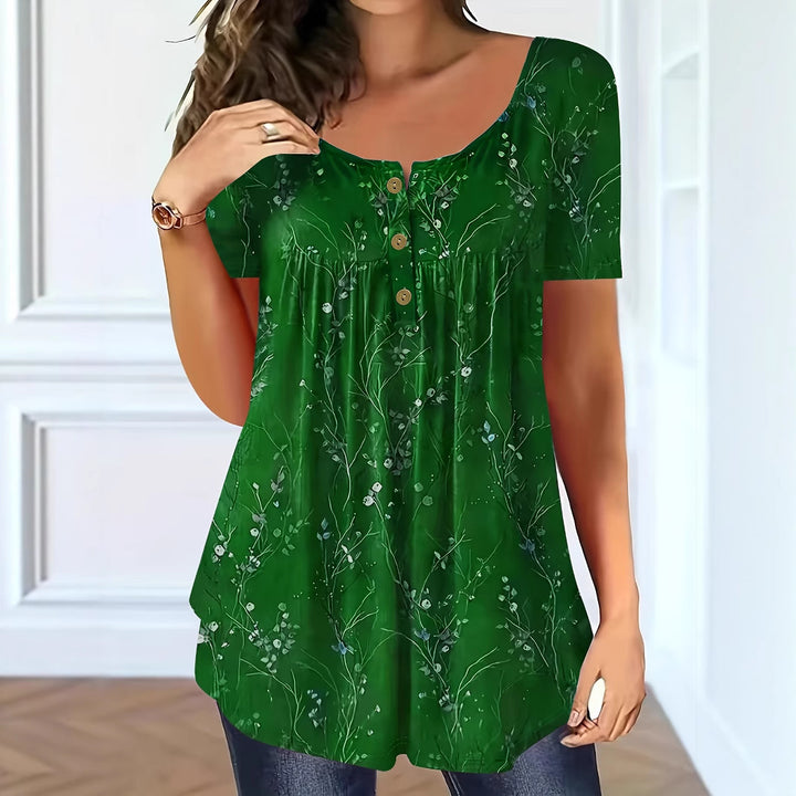 <font dir="auto" style="vertical-align: inherit;"><font dir="auto" style="vertical-align: inherit;">Top con estampado de flores en estilo europeo y americano de 2025, con botones y pliegues, para el verano, tallas grandes, mangas cortas.</font></font>