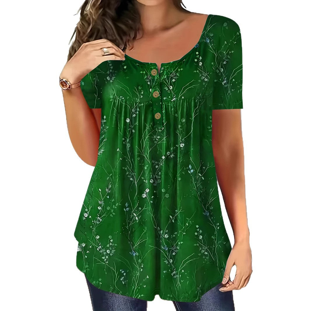 <font dir="auto" style="vertical-align: inherit;"><font dir="auto" style="vertical-align: inherit;">Top con estampado de flores en estilo europeo y americano de 2025, con botones y pliegues, para el verano, tallas grandes, mangas cortas.</font></font>