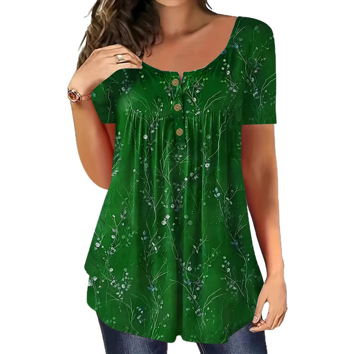 <font dir="auto" style="vertical-align: inherit;"><font dir="auto" style="vertical-align: inherit;">Top con estampado de flores en estilo europeo y americano de 2025, con botones y pliegues, para el verano, tallas grandes, mangas cortas.</font></font>