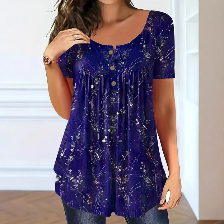 <font dir="auto" style="vertical-align: inherit;"><font dir="auto" style="vertical-align: inherit;">Top con estampado de flores en estilo europeo y americano de 2025, con botones y pliegues, para el verano, tallas grandes, mangas cortas.</font></font>