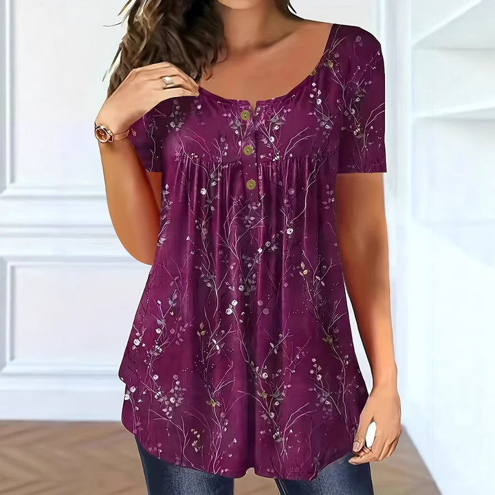 <font dir="auto" style="vertical-align: inherit;"><font dir="auto" style="vertical-align: inherit;">Top con estampado de flores en estilo europeo y americano de 2025, con botones y pliegues, para el verano, tallas grandes, mangas cortas.</font></font>