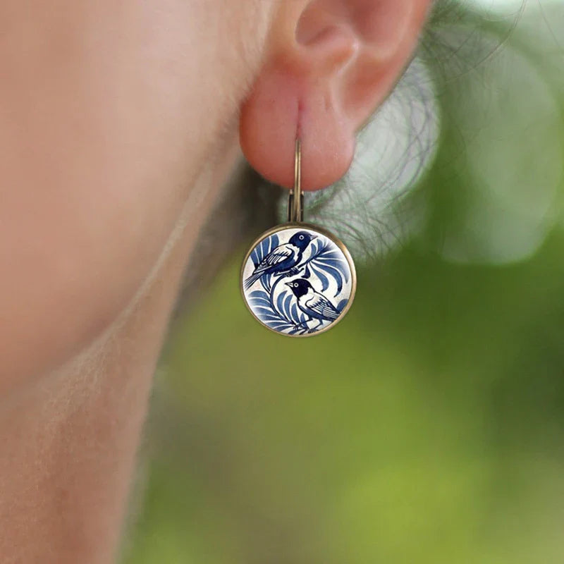 Pendientes de Domo de Cristal de Magpie Azul Vintage