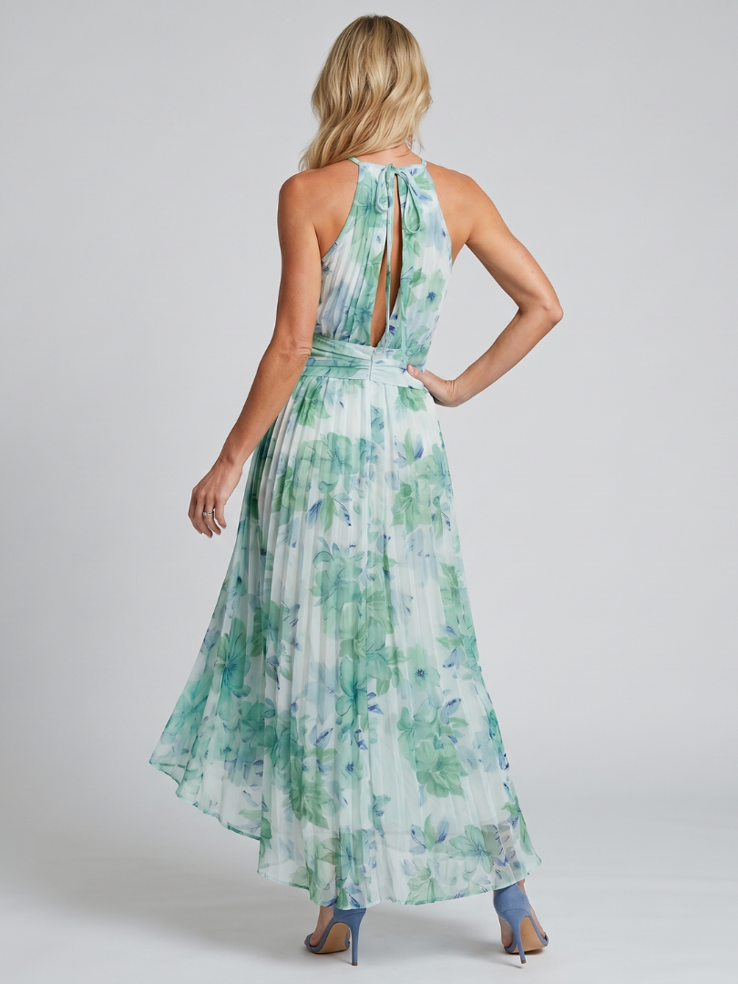 Portia | Vestido Midi de Flores Suaves con Cuello Halter Plisado