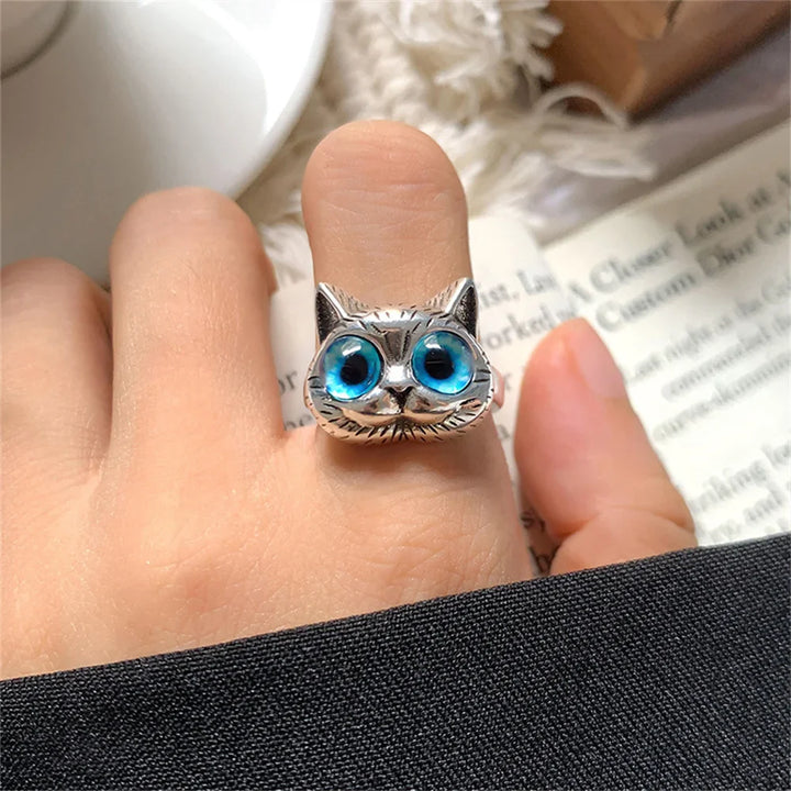 Anillo de Gato de Ojos Azules – Anillo de Animal Vintage Plateado Juguetón para Amantes de los Gatos