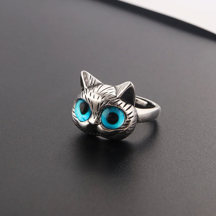 Anillo de Gato de Ojos Azules – Anillo de Animal Vintage Plateado Juguetón para Amantes de los Gatos