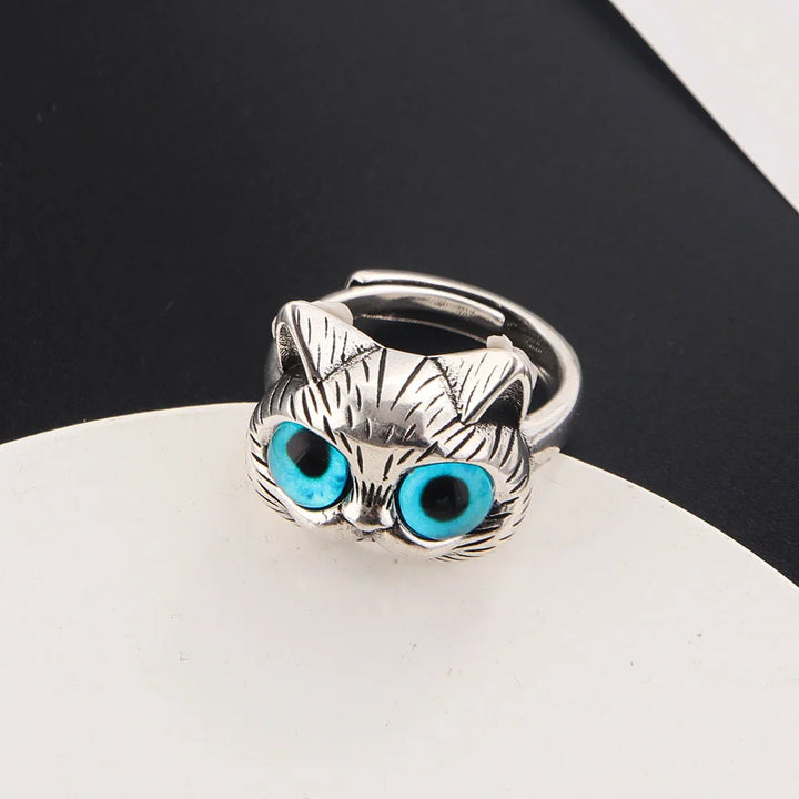 Anillo de Gato de Ojos Azules – Anillo de Animal Vintage Plateado Juguetón para Amantes de los Gatos