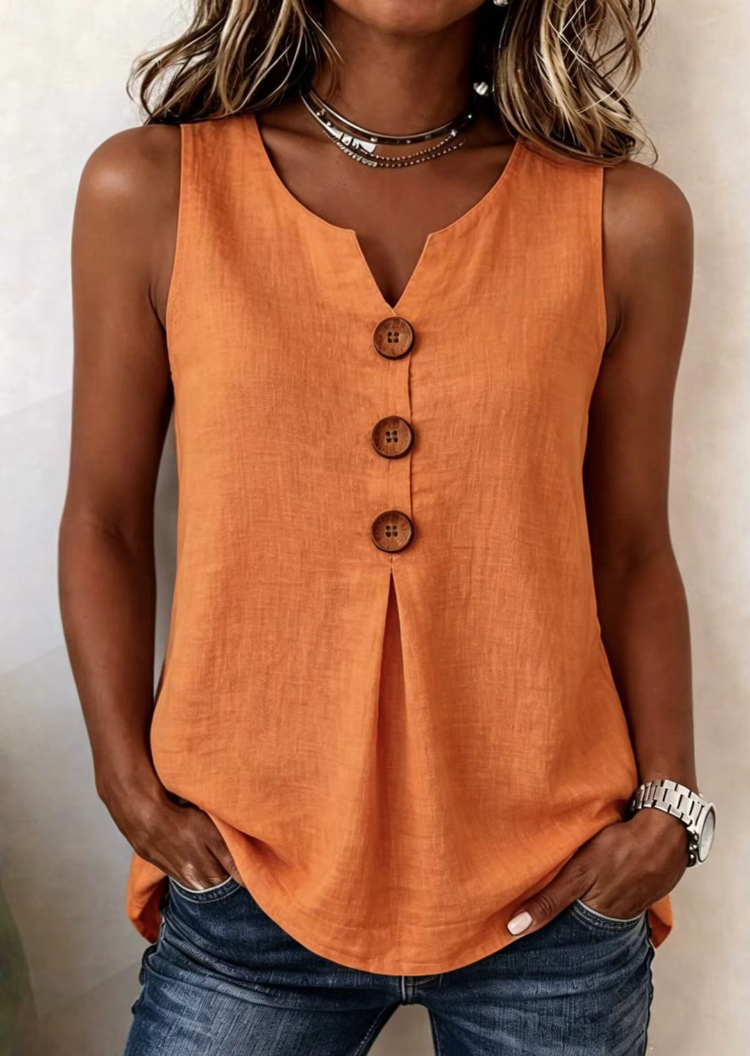 Clarisa | Camiseta sin mangas de algodón con cuello en V y botones