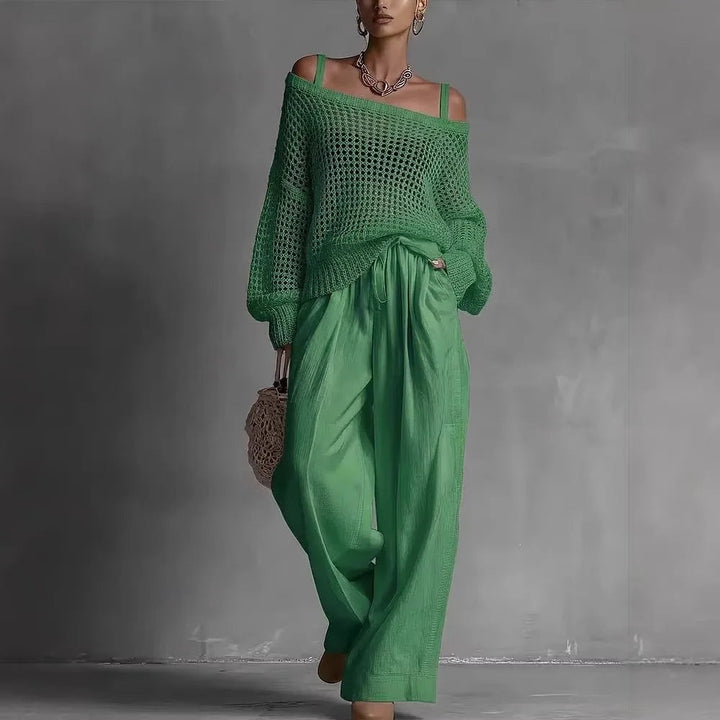Isabel | Elegante conjunto de dos piezas con top de punto y pantalón ancho