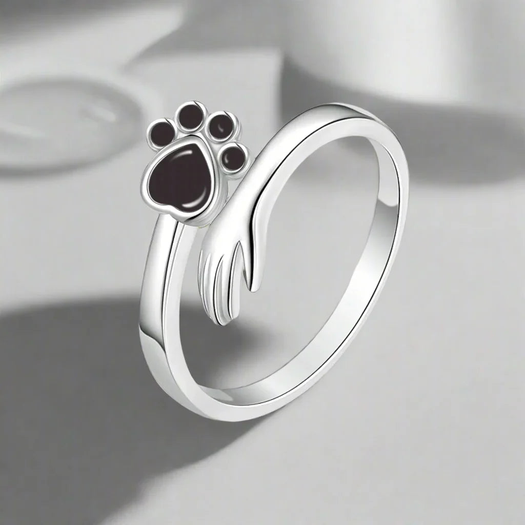 Anillo Ajustable de Plata Esterlina 925 – Diseño de Huella de Mano y Patita