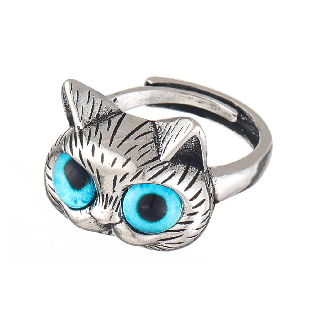 Anillo de Gato de Ojos Azules – Anillo de Animal Vintage Plateado Juguetón para Amantes de los Gatos