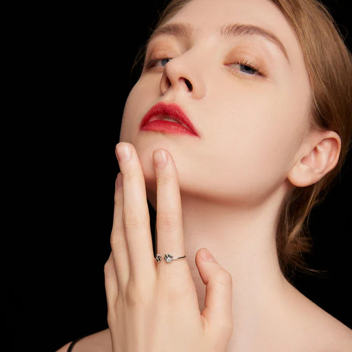 Anillo de Huella de Paw de Plata de Ley 925 – Ajustable con Circonia y Esmalte