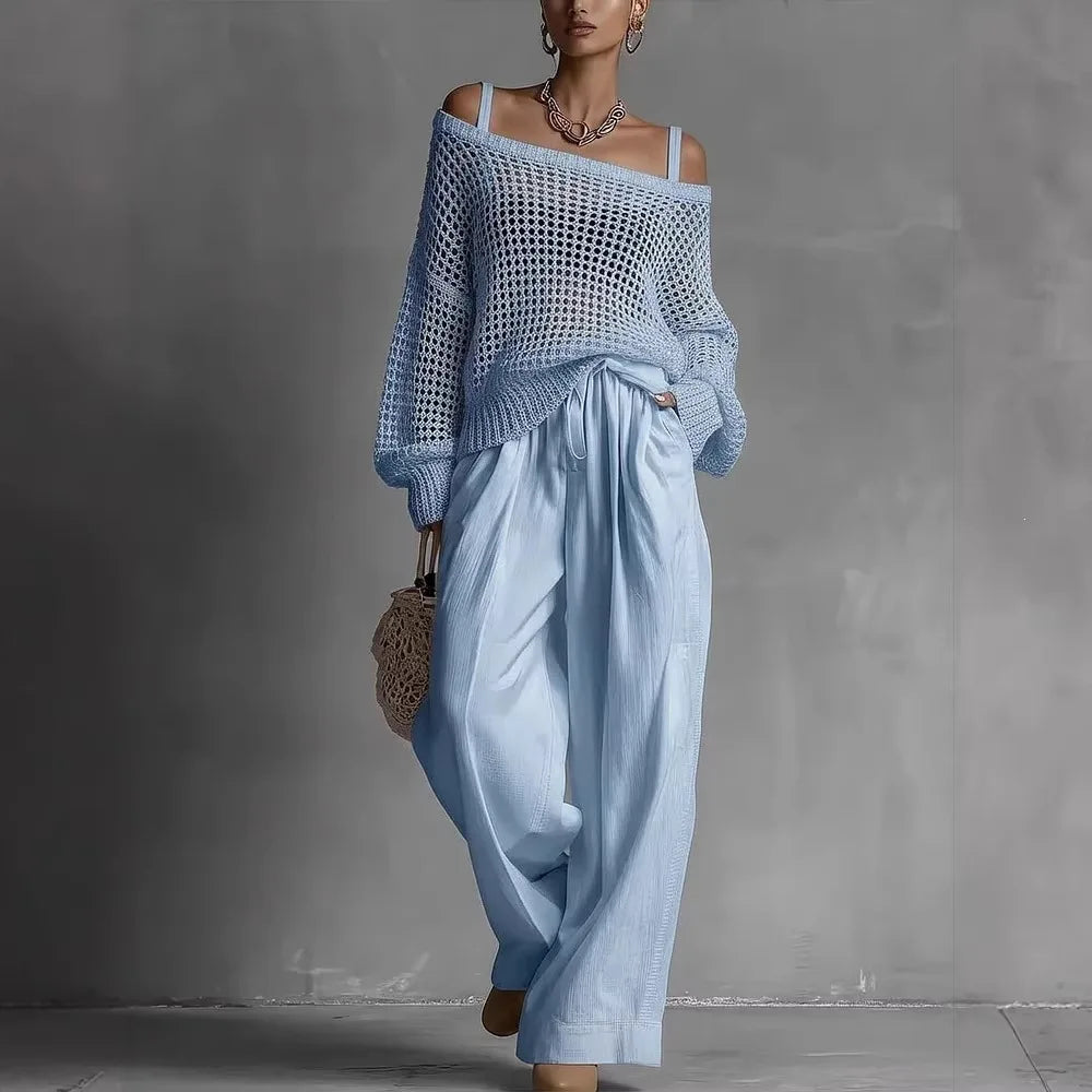 Isabel | Elegante conjunto de dos piezas con top de punto y pantalón ancho