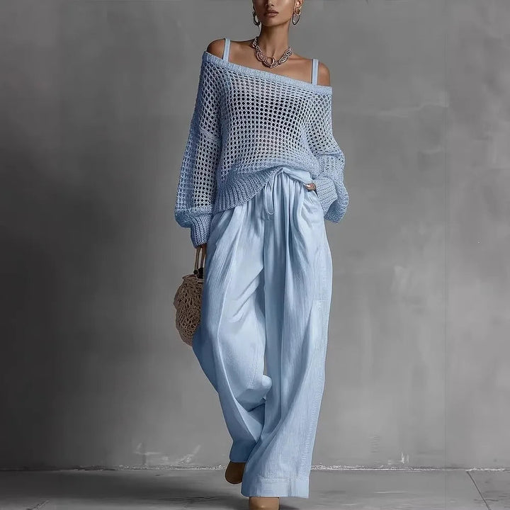Isabel | Elegante conjunto de dos piezas con top de punto y pantalón ancho