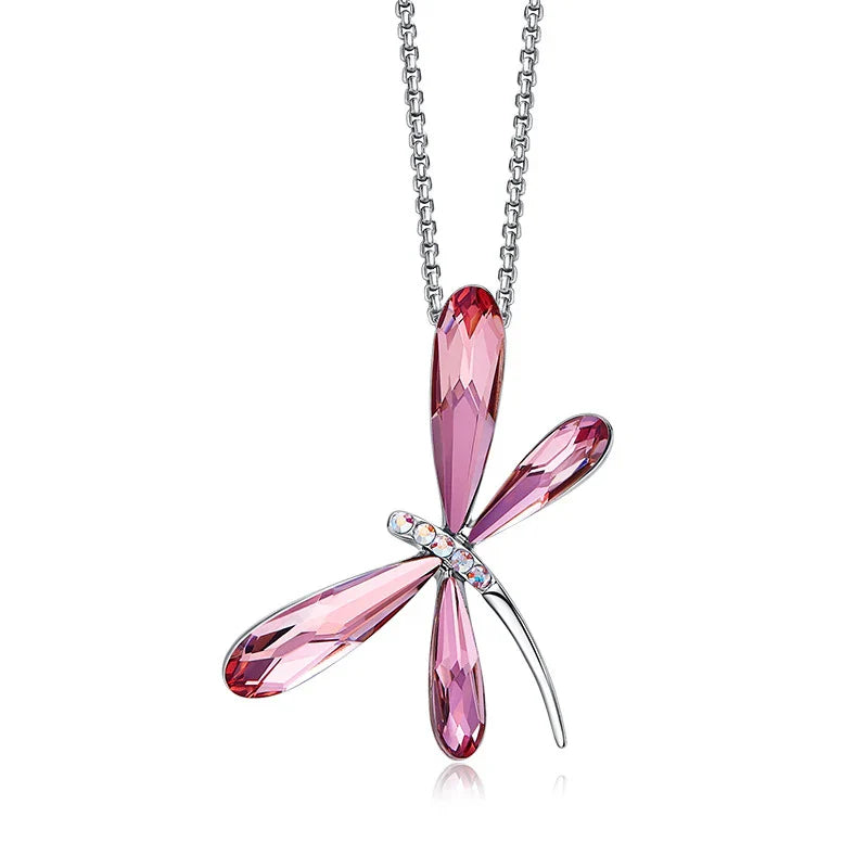 Collar de Colgante de Cristal de Libélula Rosa