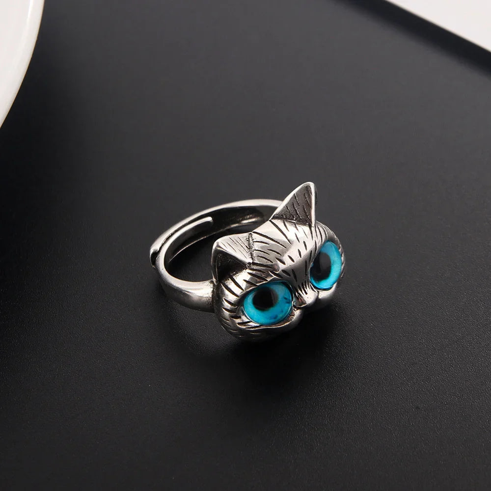 Anillo de Gato de Ojos Azules – Anillo de Animal Vintage Plateado Juguetón para Amantes de los Gatos