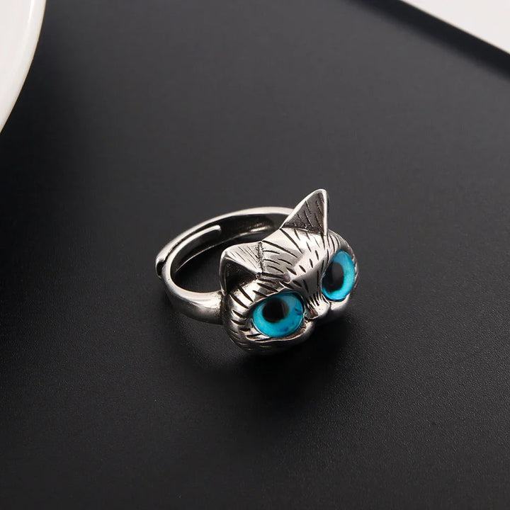 Anillo de Gato de Ojos Azules – Anillo de Animal Vintage Plateado Juguetón para Amantes de los Gatos