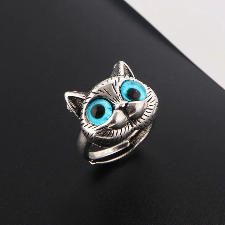 Anillo de Gato de Ojos Azules – Anillo de Animal Vintage Plateado Juguetón para Amantes de los Gatos