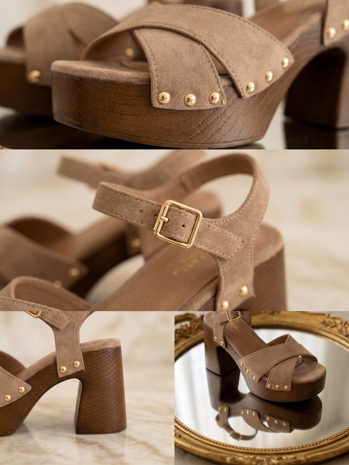 Sandalias Gaia — topo, tiras cruzadas y tachuelas doradas