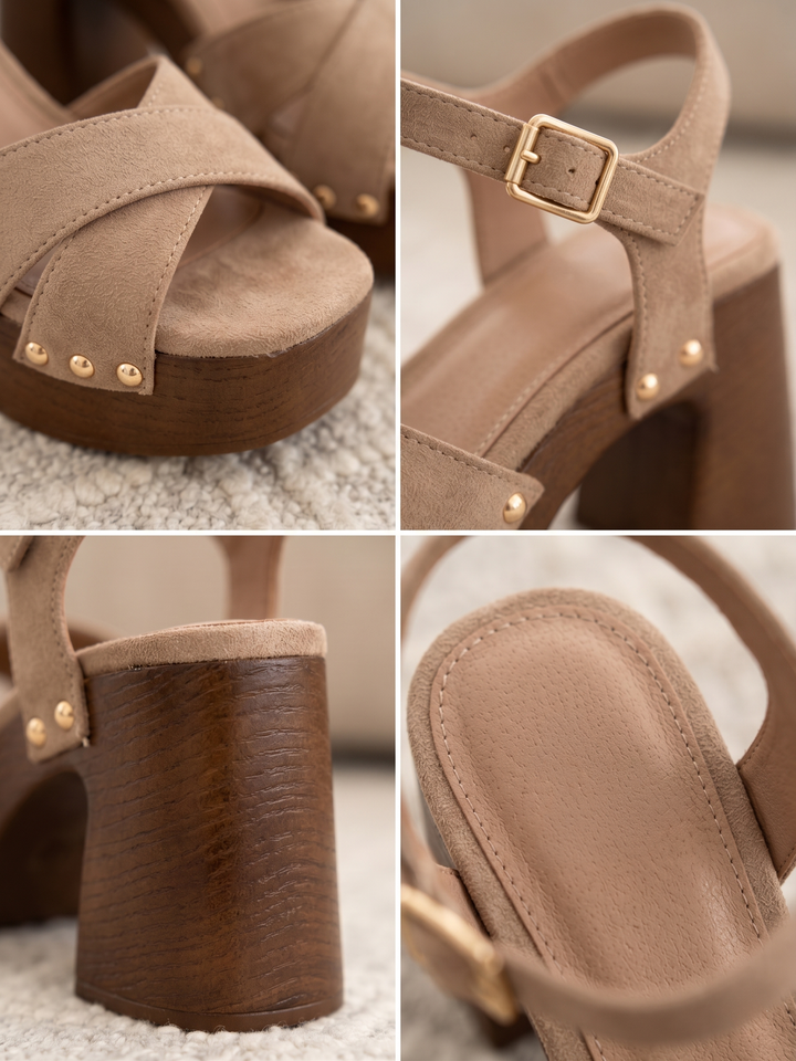 Sandalias Gaia — topo, tiras cruzadas y tachuelas doradas