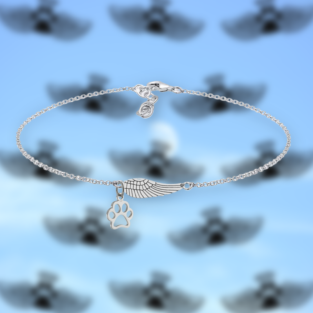 Pulsera Memorial de Plata con Ala de Ángel y Huella de Patita | Hecho a Mano