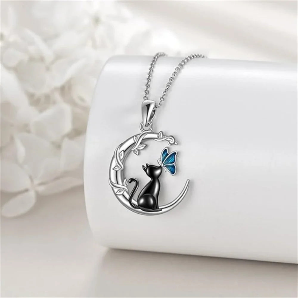 Collar de Colgante de Cristal de Mariposa y Gato Lunar