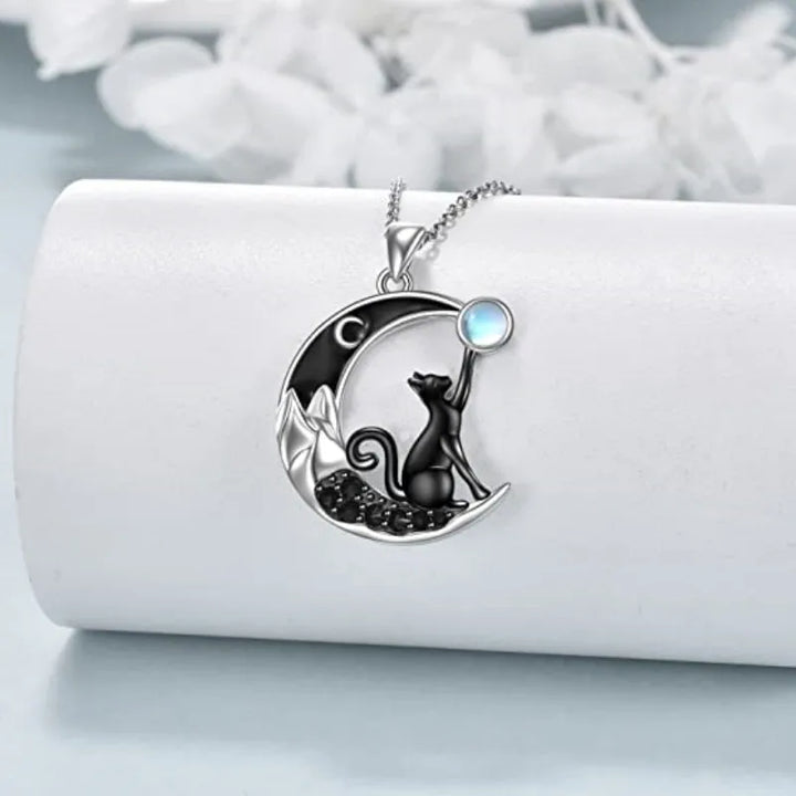 Collar de Colgante de Cristal de Gato Negro y Luna