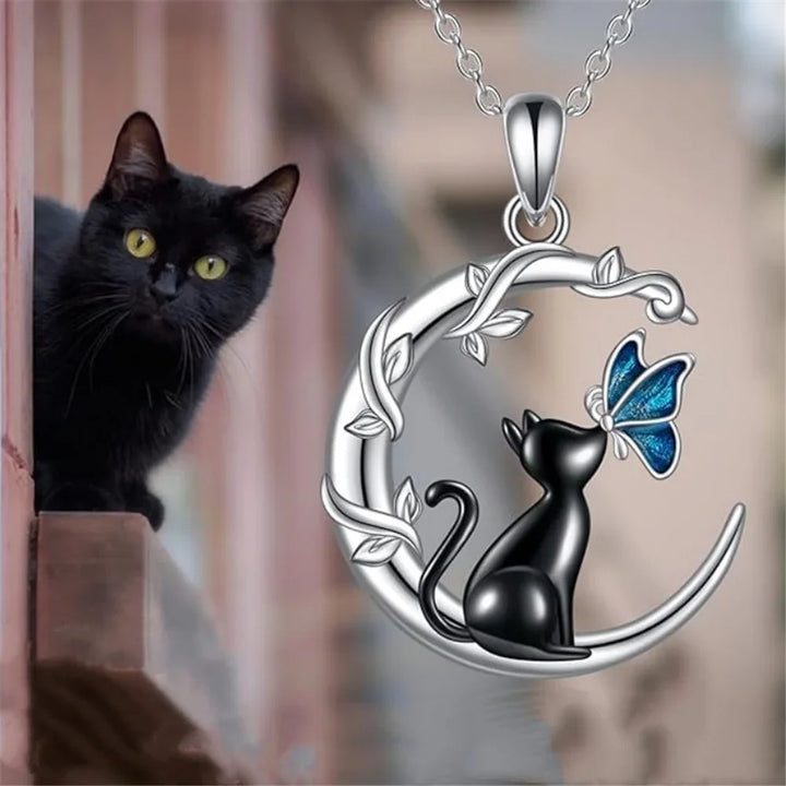 Collar de Colgante de Cristal de Mariposa y Gato Lunar