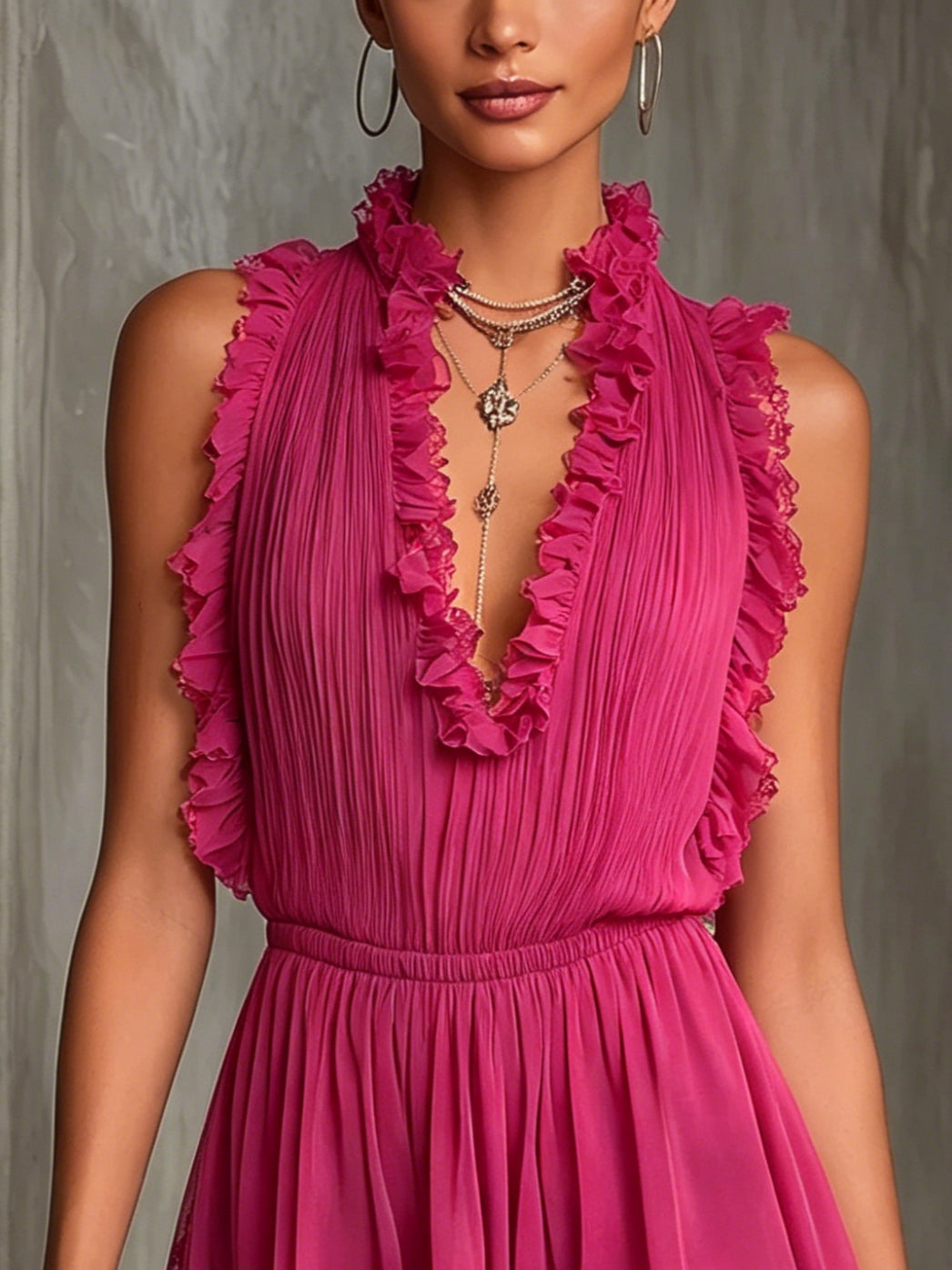 Mono de Chiffon Plisado con Encaje y Volantes Fucsia