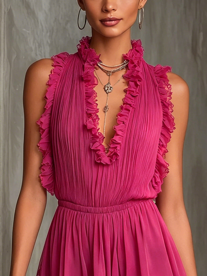 Mono de Chiffon Plisado con Encaje y Volantes Fucsia
