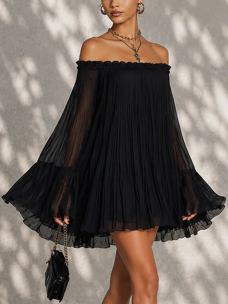 Vestido Mini Negro con Hombros Descubiertos y Mangas de Campana con Volantes