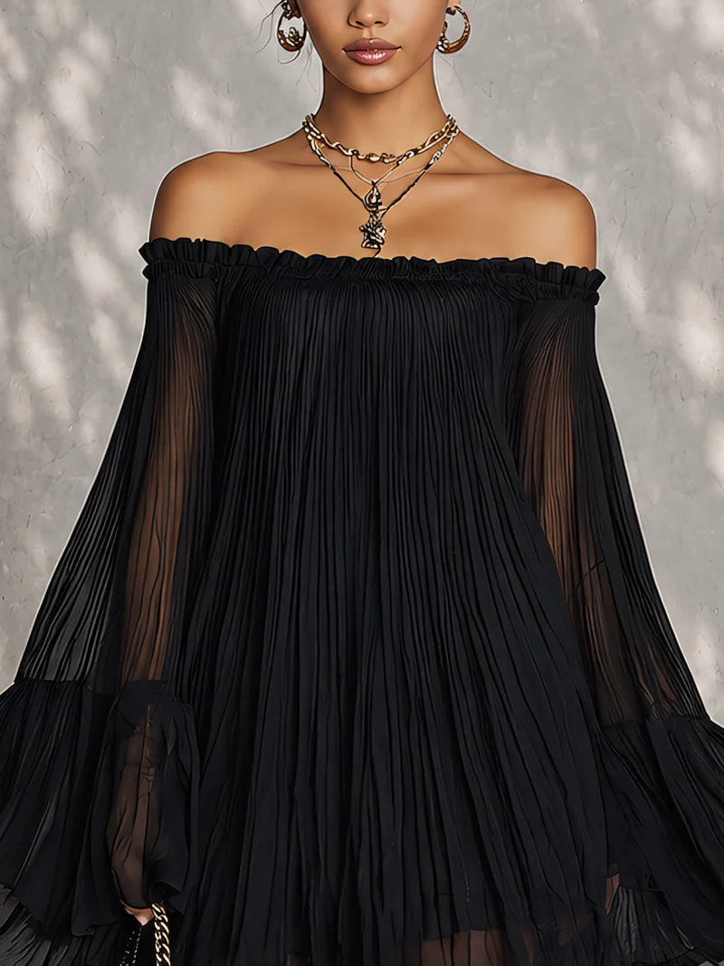Vestido Mini Negro con Hombros Descubiertos y Mangas de Campana con Volantes