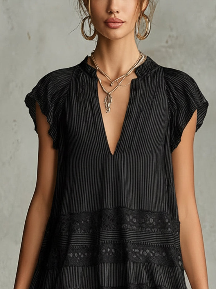 Vestido Mini de Chiffon a Rayas con Encaje y Volantes