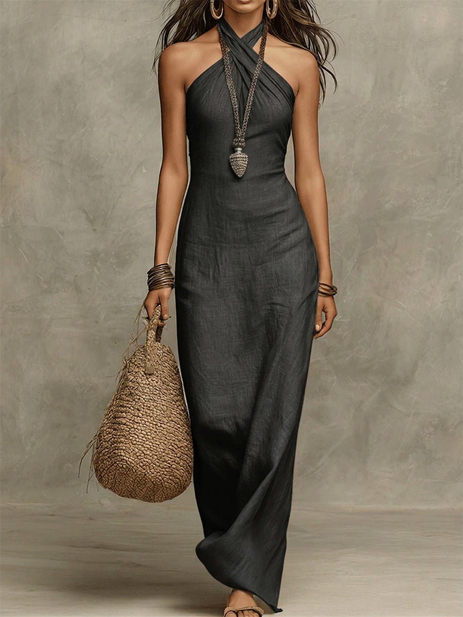 Elena | Vestido maxi con cuello halter voluminoso en algodón premium