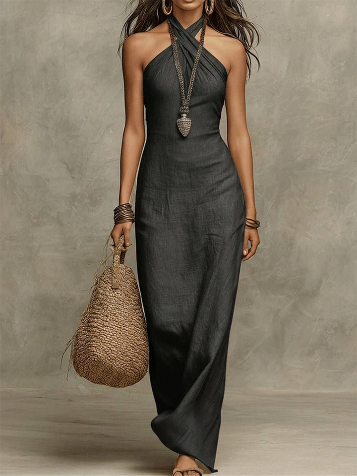 Elena | Vestido maxi con cuello halter voluminoso en algodón premium