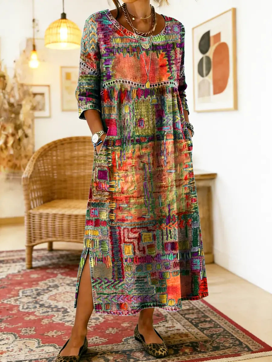 Manuela | Vestido Impreso con Patchwork Étnico
